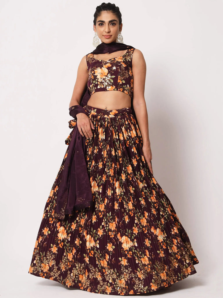 Fabulous Maroon Art Silk Floral Printed Party Lehenga Choli