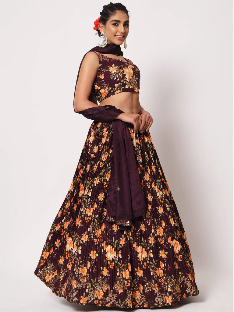 Fabulous Maroon Art Silk Floral Printed Party Lehenga Choli
