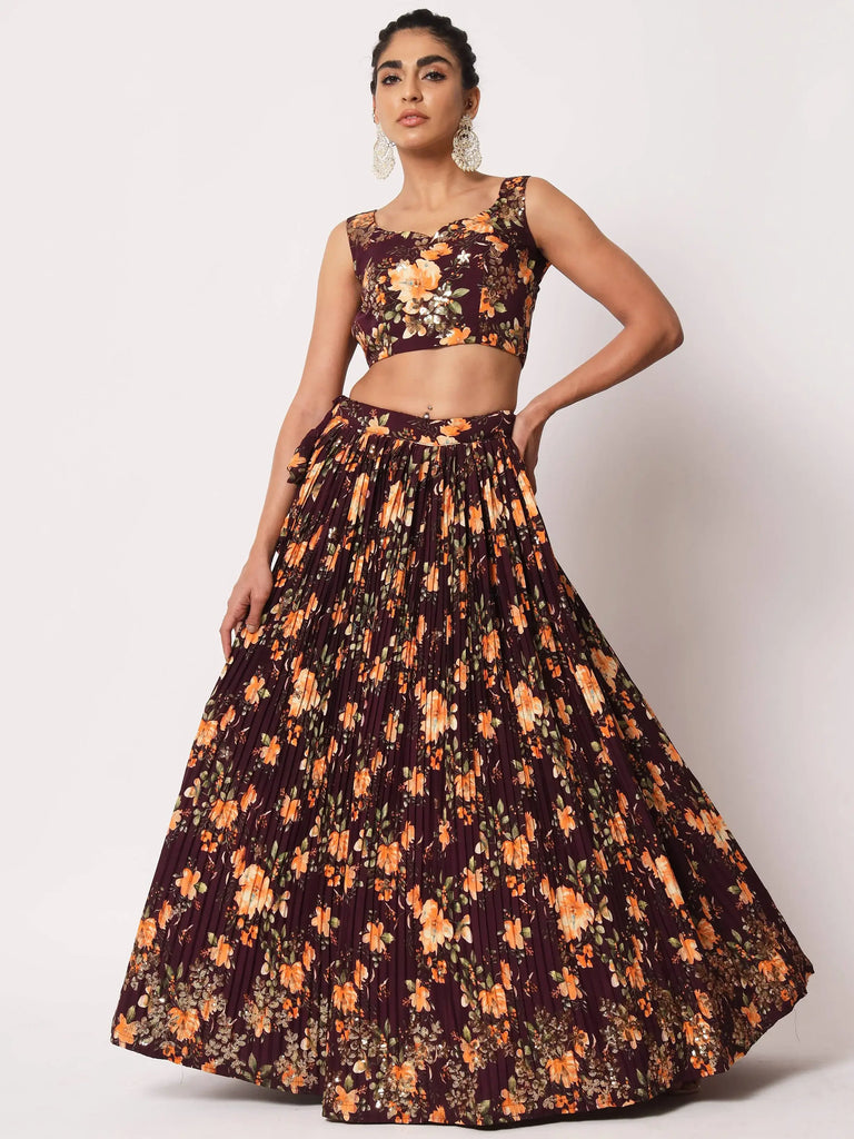 Fabulous Maroon Art Silk Floral Printed Party Lehenga Choli