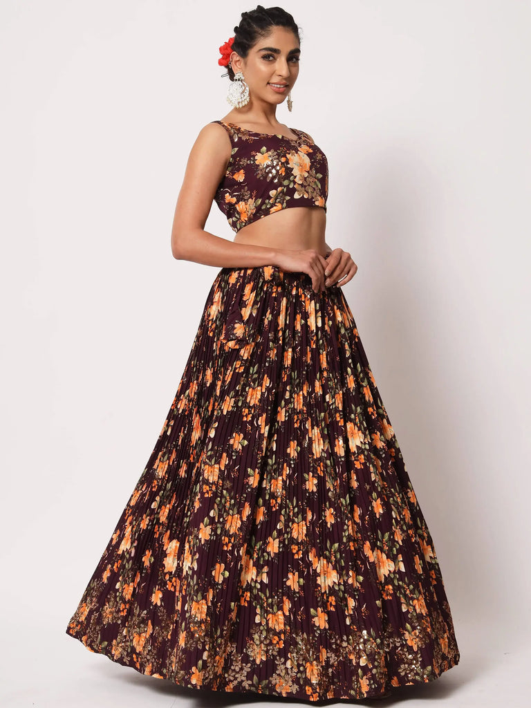 Fabulous Maroon Art Silk Floral Printed Party Lehenga Choli