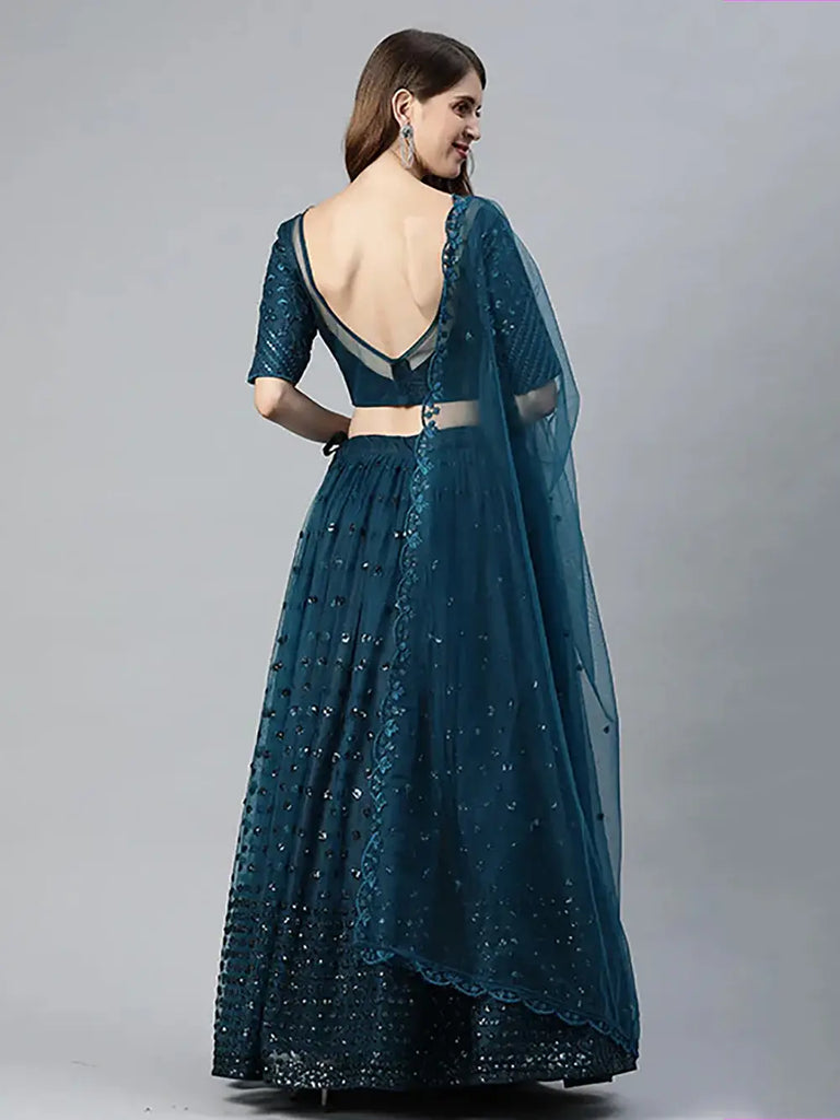 Regal Teal Blue Net Sequins Work Party Wear Lehenga Choli With Dupatta