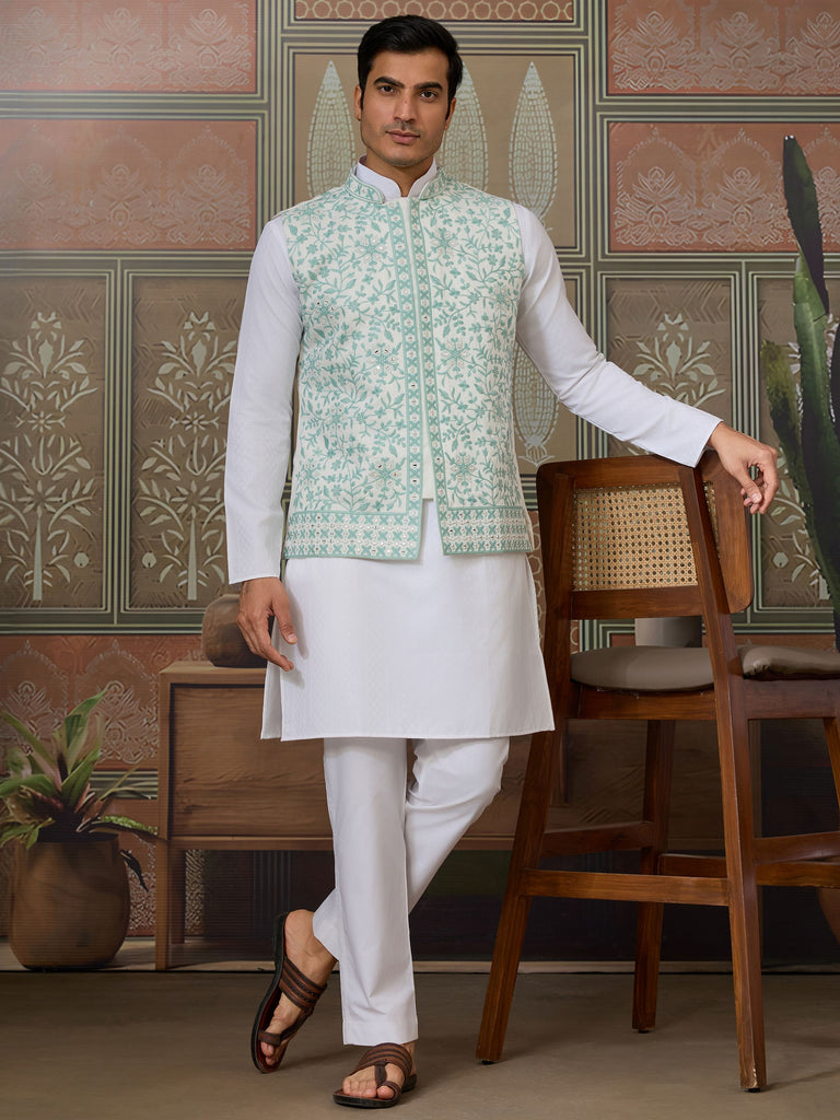 Charming White Thread Work Silk Function Wear Men Kurta With Pant And Jacket