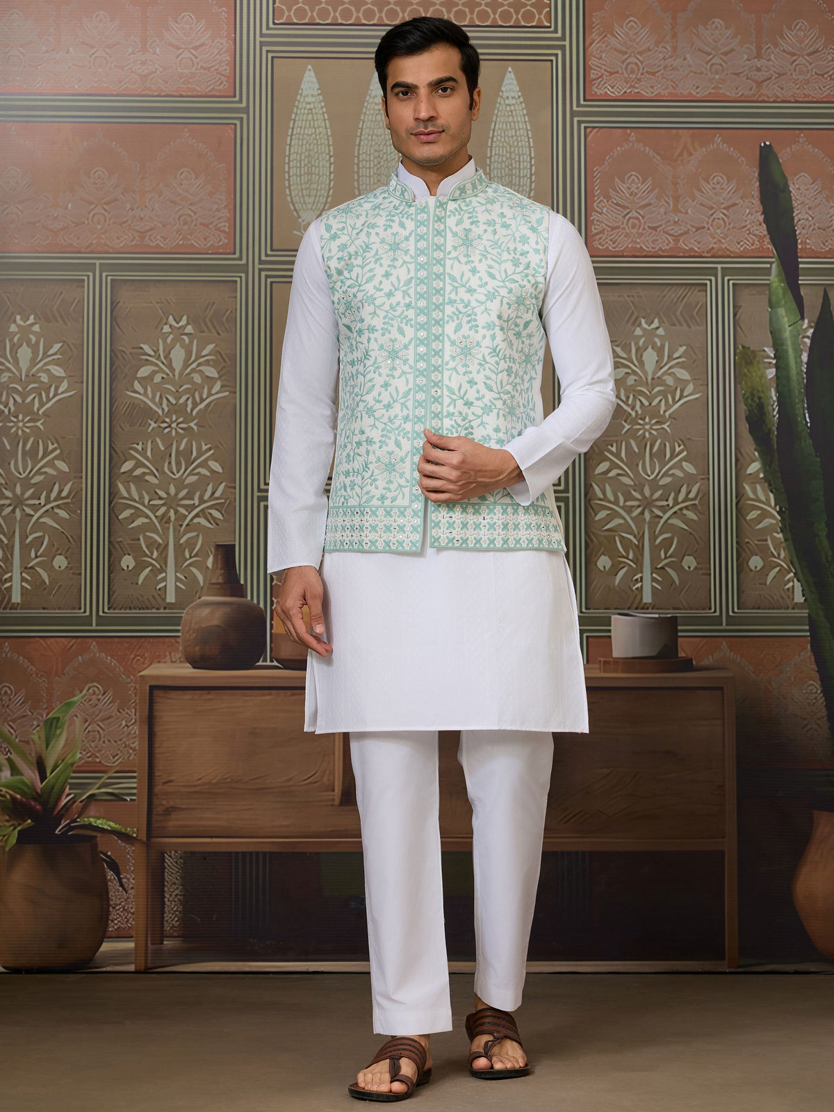 Charming White Thread Work Silk Function Wear Men Kurta With Pant And Jacket