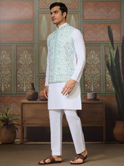 Charming White Thread Work Silk Function Wear Men Kurta With Pant And Jacket
