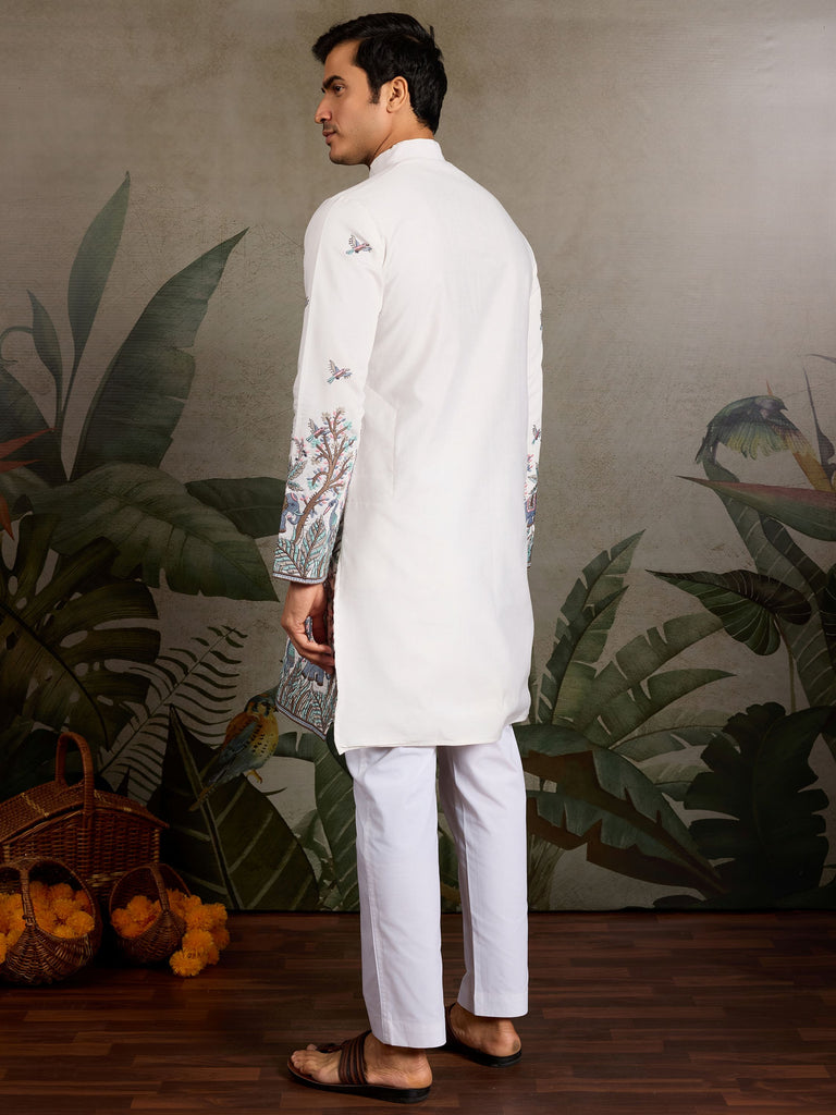 Attractive White Thread Work Viscose Wedding Wear Kurta