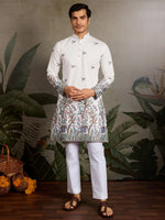 Attractive White Thread Work Viscose Wedding Wear Men Kurta
