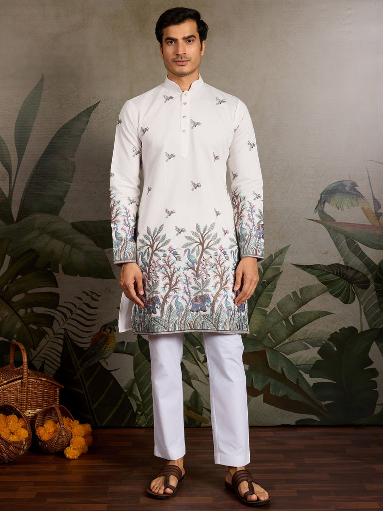 Attractive White Thread Work Viscose Wedding Wear Kurta