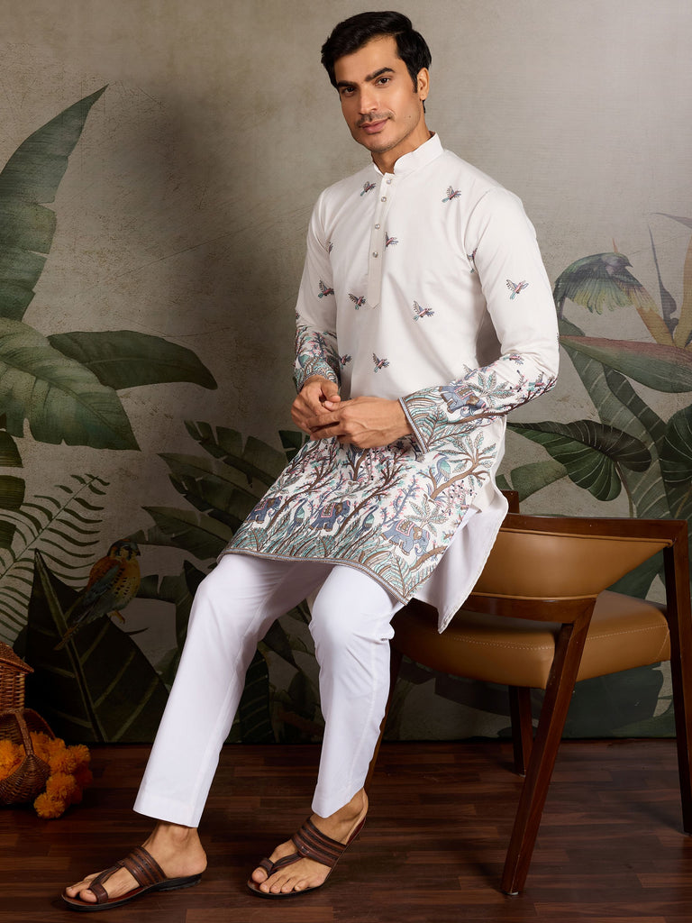 Attractive White Thread Work Viscose Wedding Wear Kurta