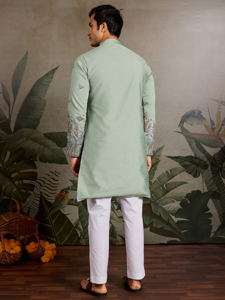 Awesome Pista Green Thread Embroidered Viscose Festival Wear Men Kurta