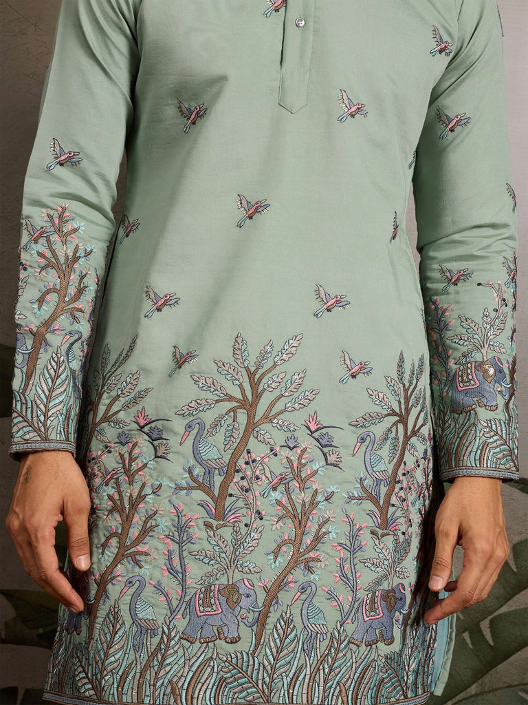 Awesome Pista Green Thread Embroidered Viscose Festival Wear Men Kurta