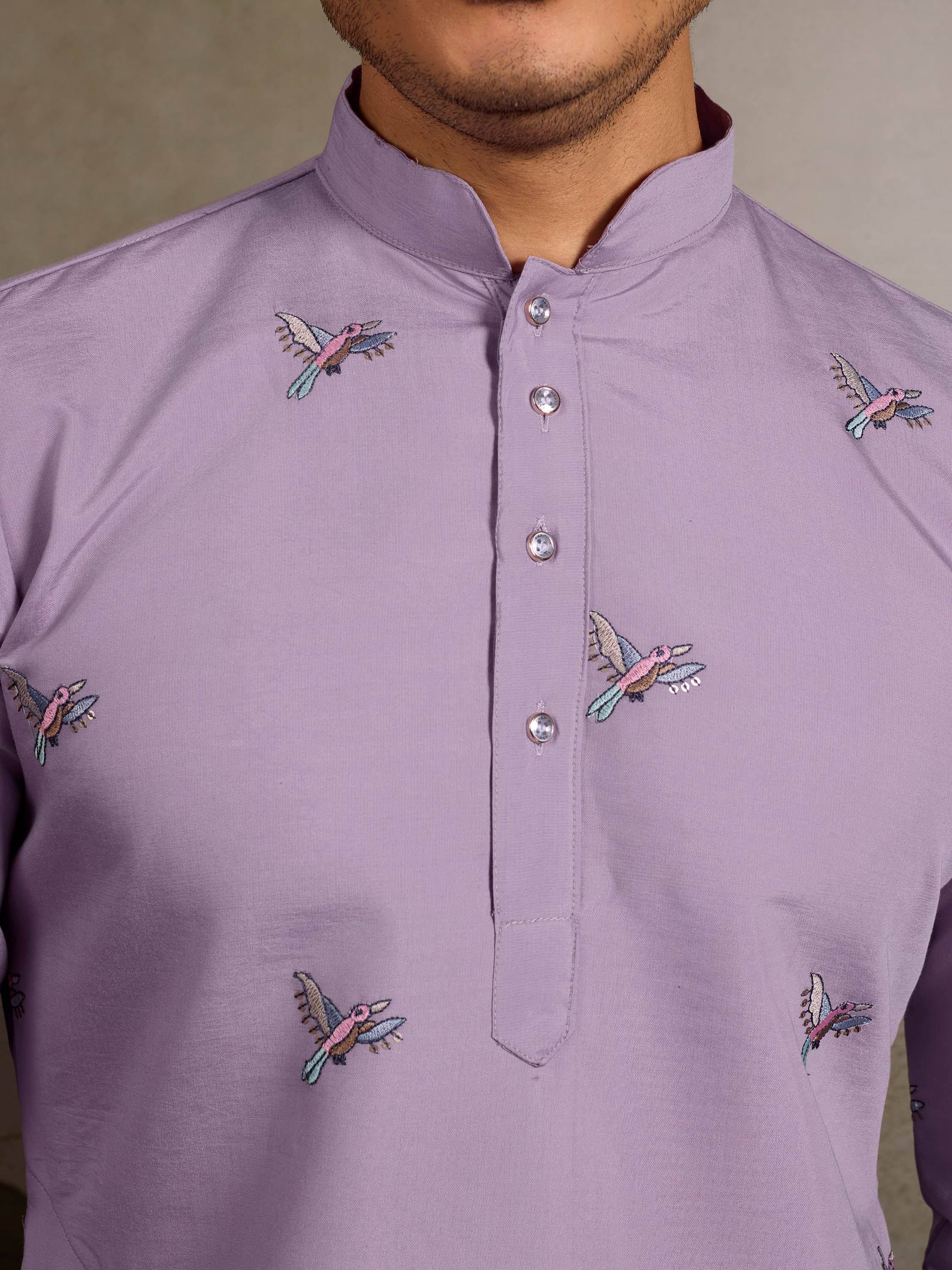 Lavender kurta with colorful bird embroidery, perfect for ethnic occasions