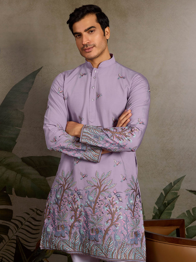 Outstanding Lavender Sequins Viscose Function Wear Men Kurta