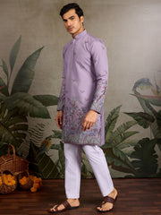 Outstanding Lavender Sequins Viscose Function Wear Men Kurta