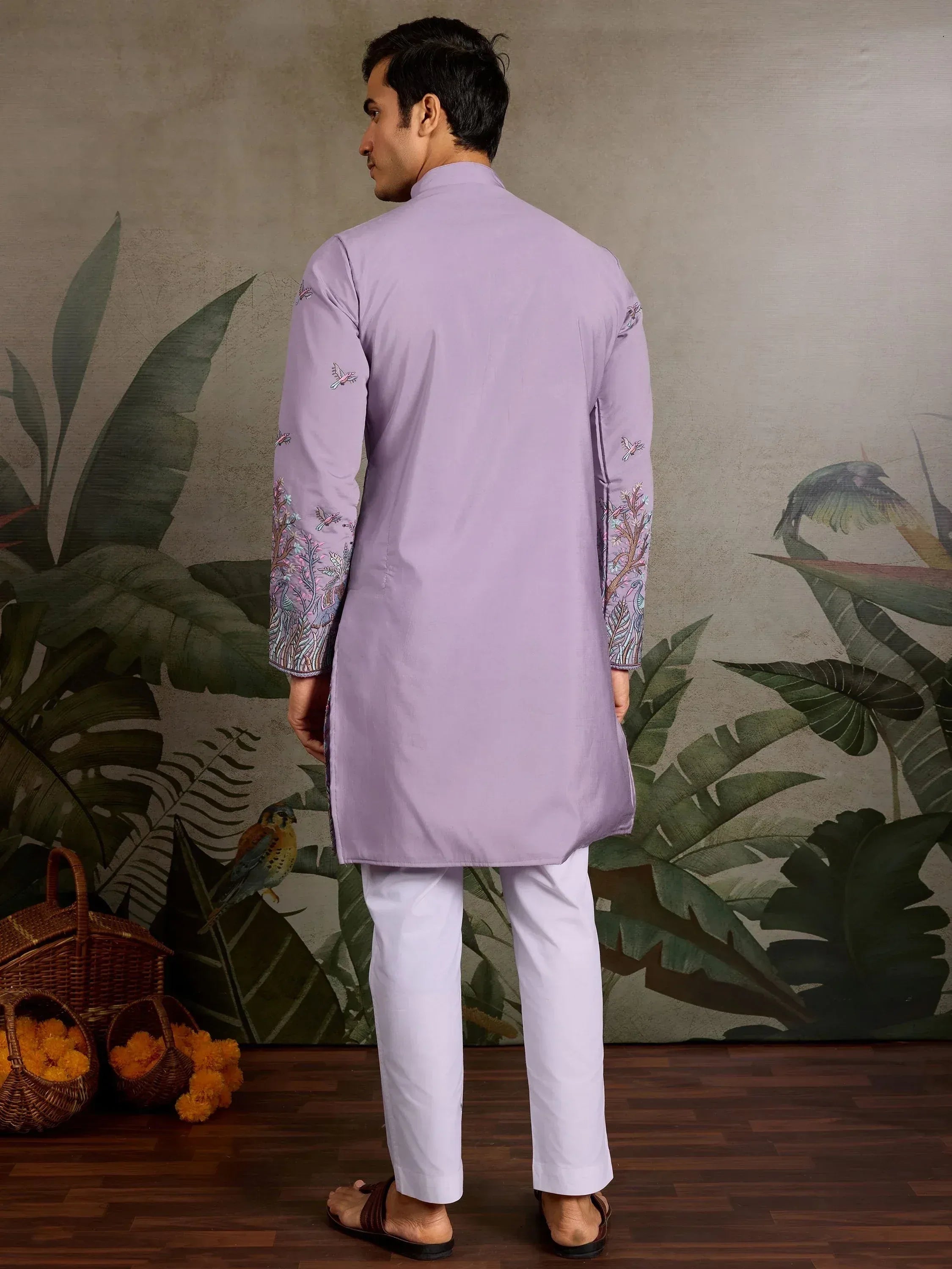 Lavender kurta with floral bird embroidery, paired with white pants, for ethnic Indian wear
