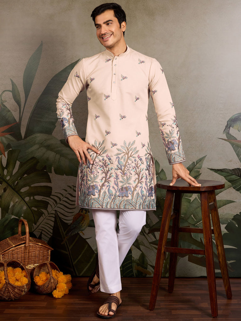 Fabulous Beige Thread Embroidered Viscose Festival Wear Men Kurta