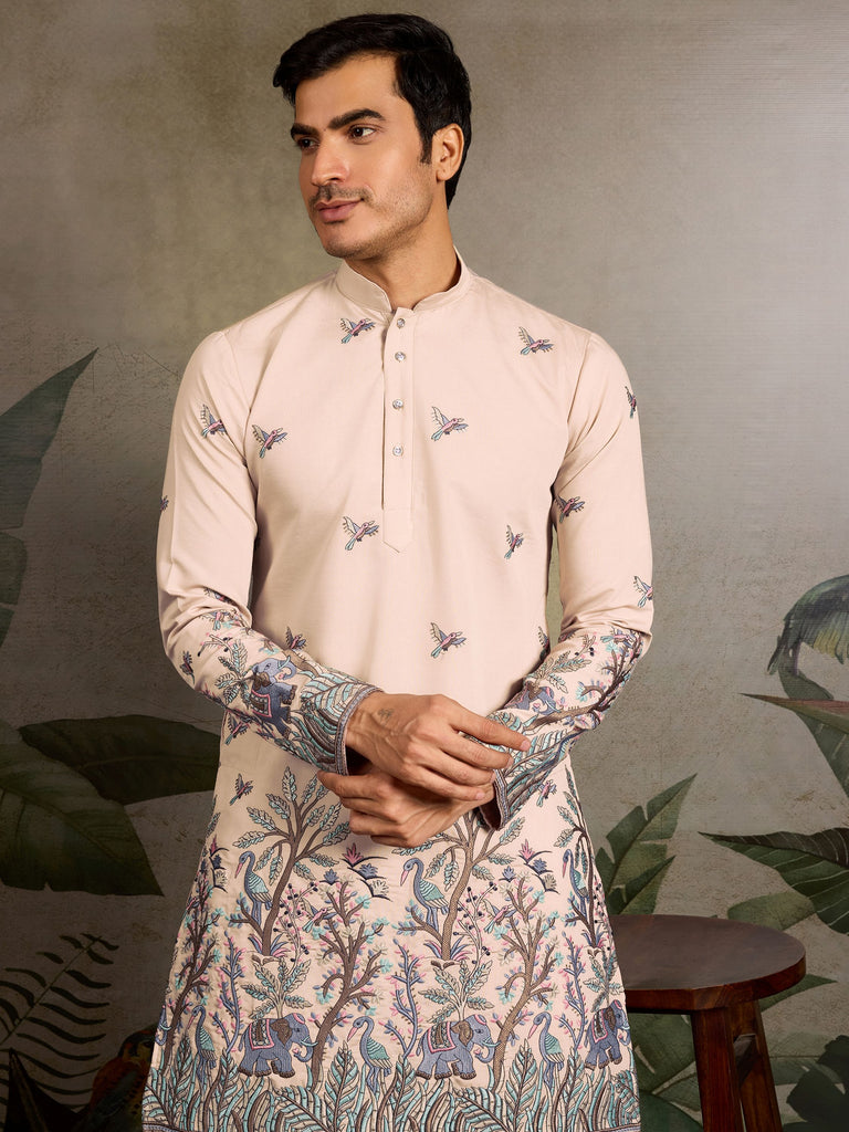 Fabulous Beige Thread Embroidered Viscose Festival Wear Men Kurta