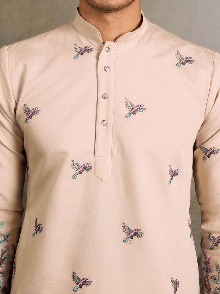 Fabulous Beige Thread Embroidered Viscose Festival Wear Men Kurta