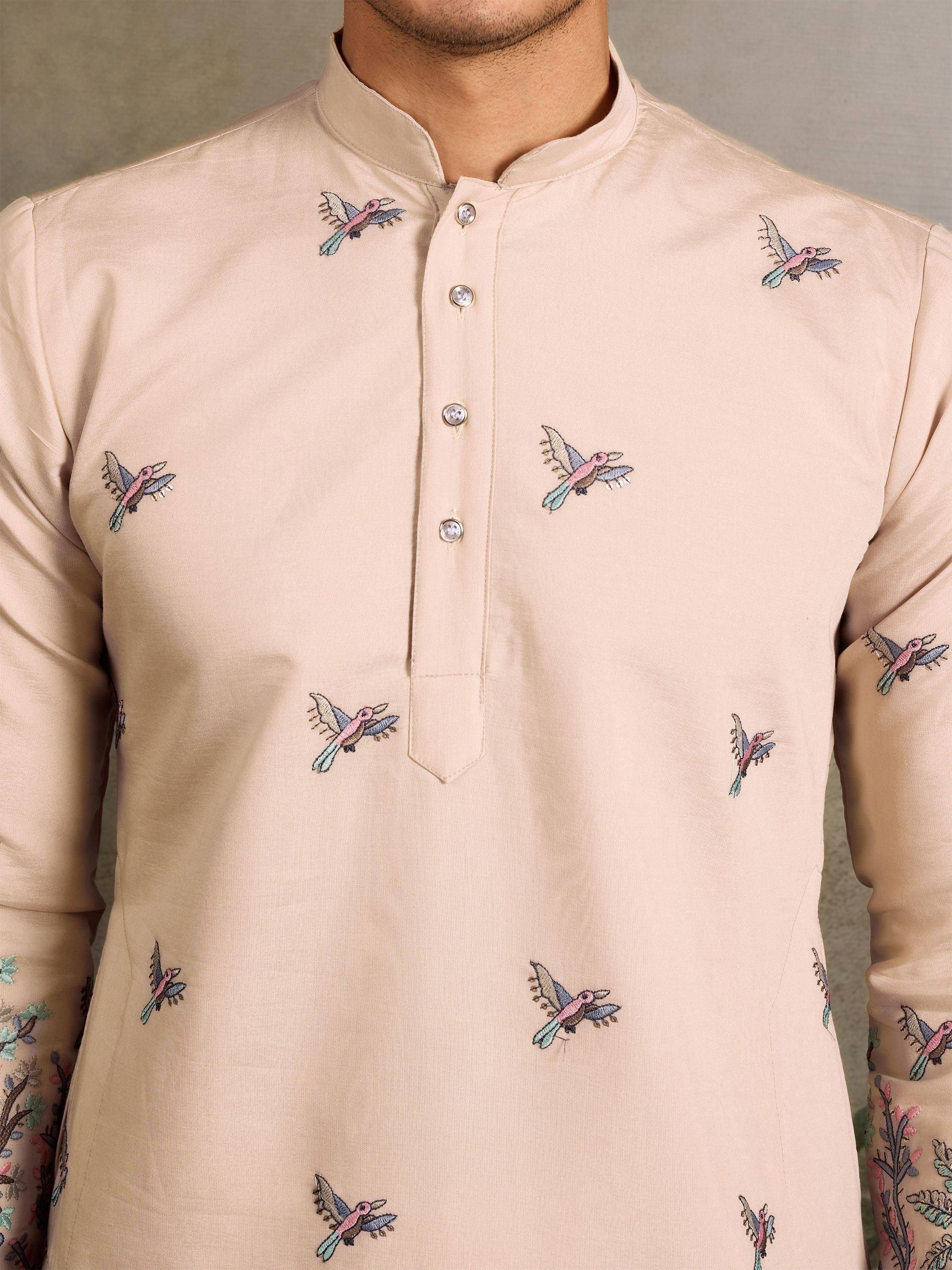 Beige kurta with colorful bird embroidery, traditional Indian ethnic wear for men