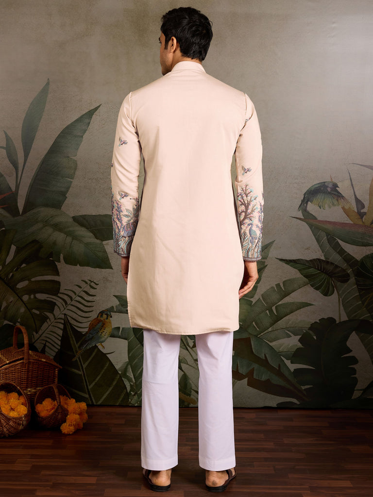 Fabulous Beige Thread Embroidered Viscose Festival Wear Men Kurta