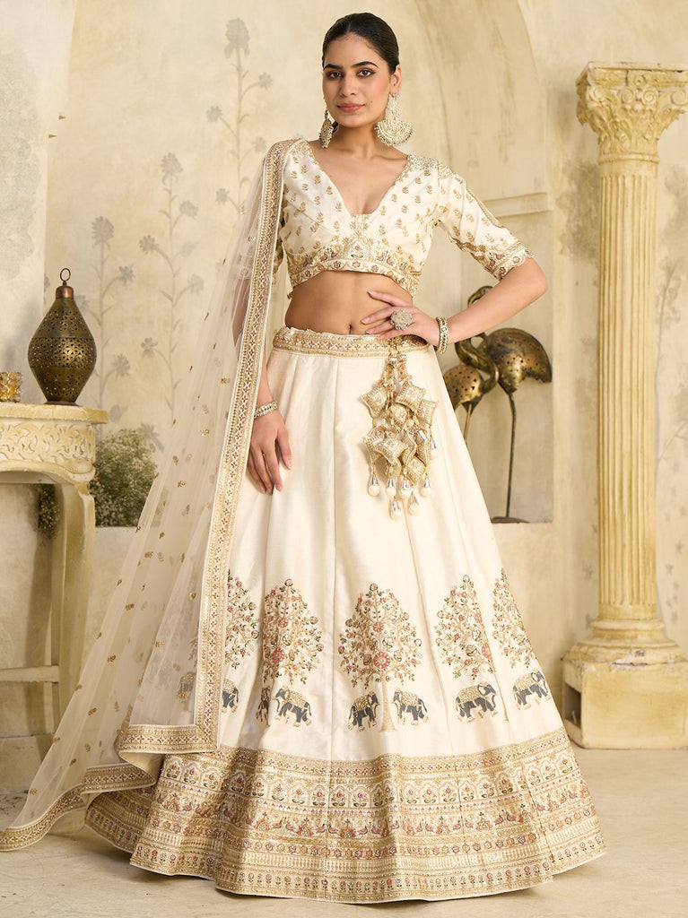 Beautiful Cream Zari Embroidered Silk Wedding Wear Lehenga Choli