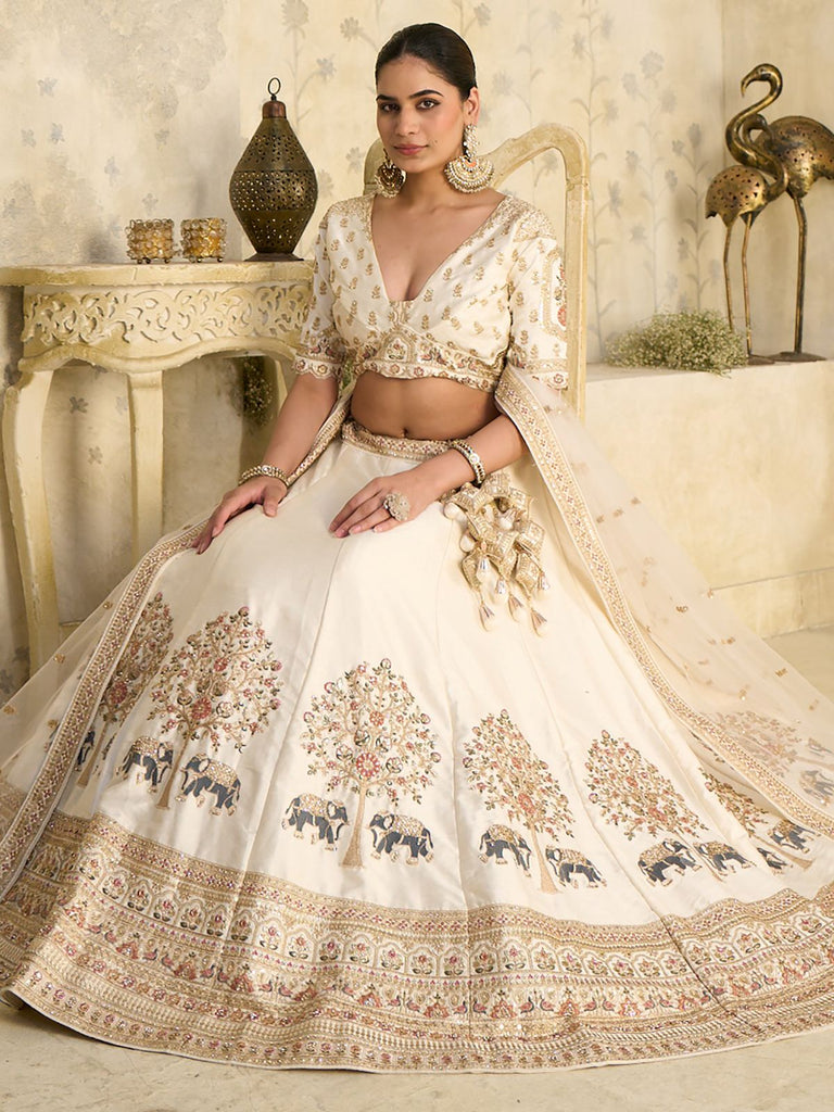 Beautiful Cream Zari Embroidered Silk Wedding Wear Lehenga Choli