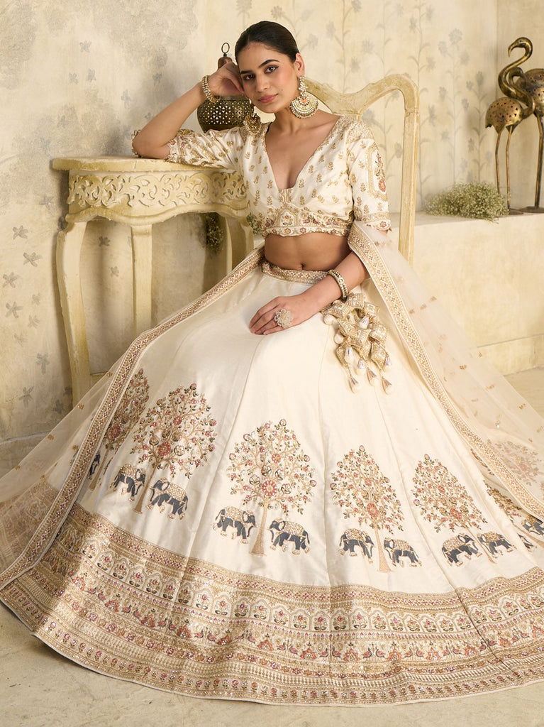 Beautiful Cream Zari Embroidered Silk Wedding Wear Lehenga Choli