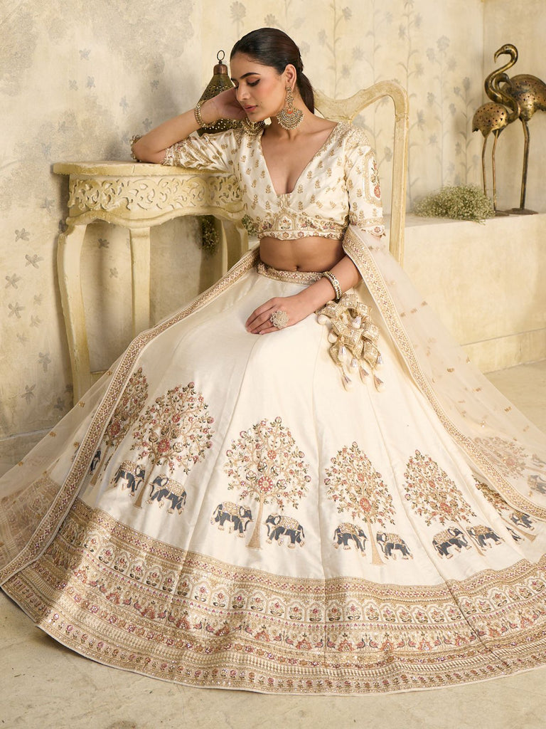 Beautiful Cream Zari Embroidered Silk Wedding Wear Lehenga Choli