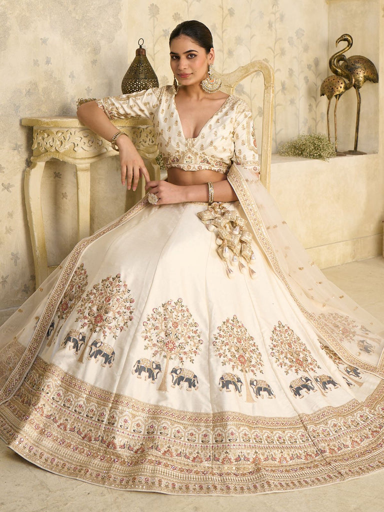Beautiful Cream Zari Embroidered Silk Wedding Wear Lehenga Choli