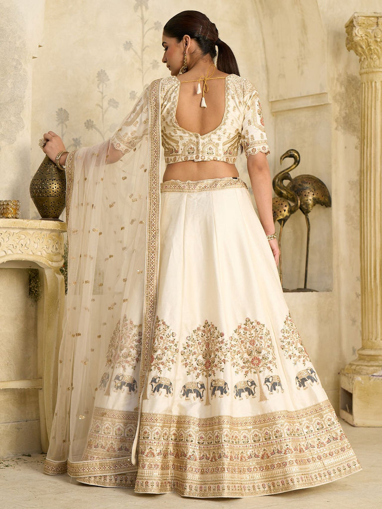 Beautiful Cream Zari Embroidered Silk Wedding Wear Lehenga Choli