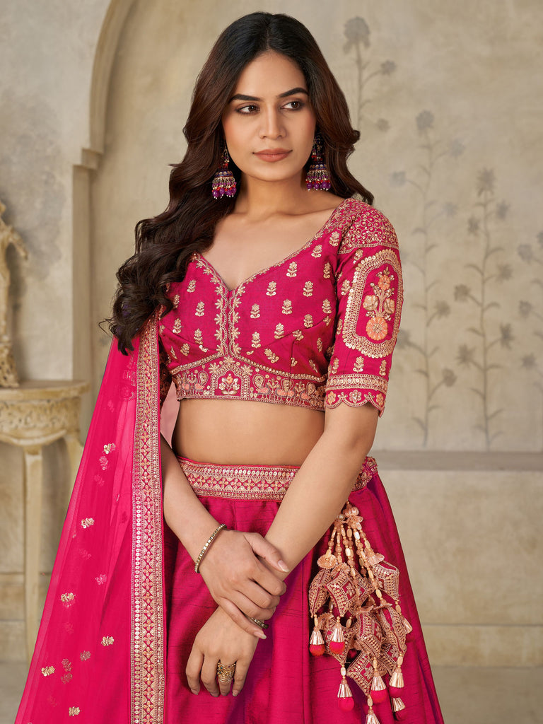 Outstanding Rani Pink Sequins Silk Wedding Lehenga Choli With Dupatta