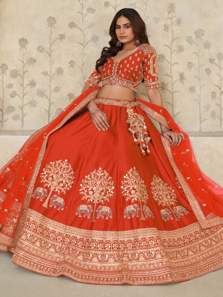 Marvelous Rust Orange Zari Work Silk Lehenga Choli With Dupatta