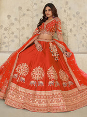 Marvelous Rust Orange Zari Work Silk Lehenga Choli With Dupatta