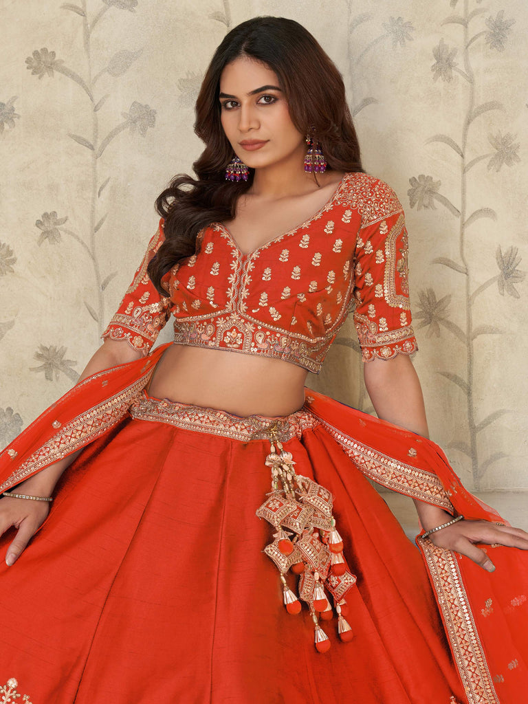 Marvelous Rust Orange Zari Work Silk Lehenga Choli With Dupatta
