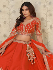Marvelous Rust Orange Zari Work Silk Lehenga Choli With Dupatta