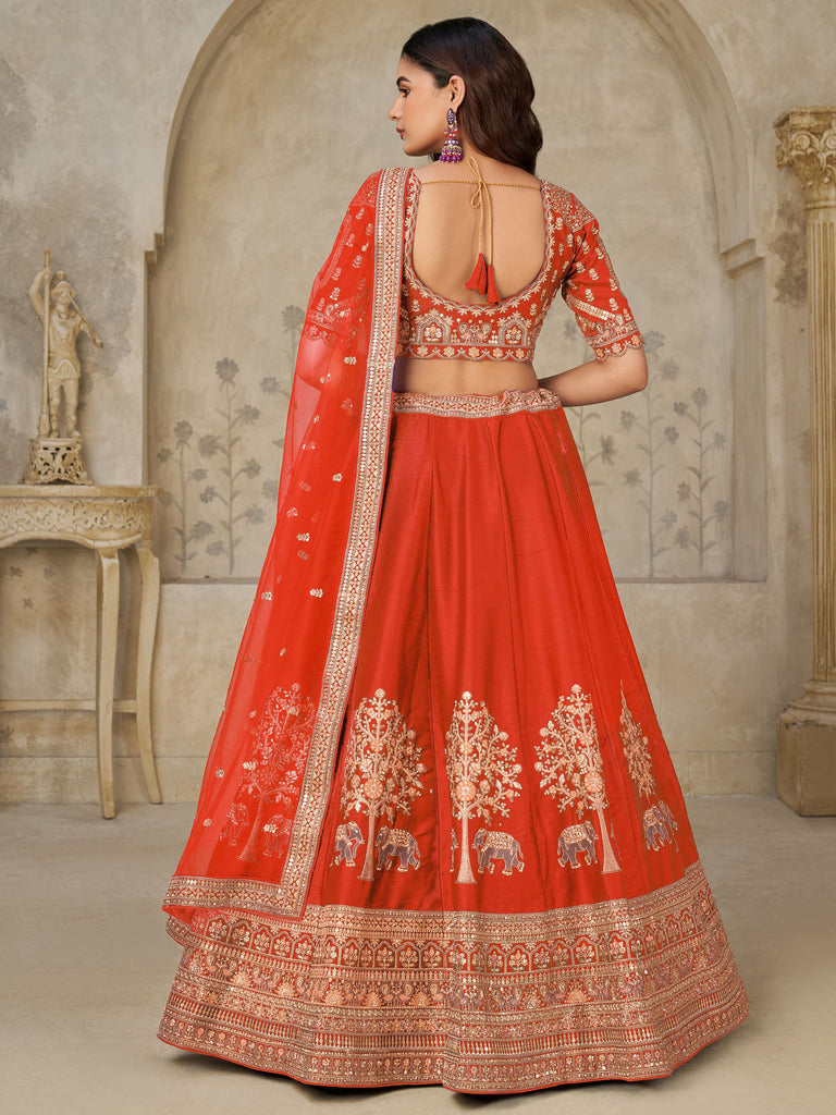 Marvelous Rust Orange Zari Work Silk Lehenga Choli With Dupatta
