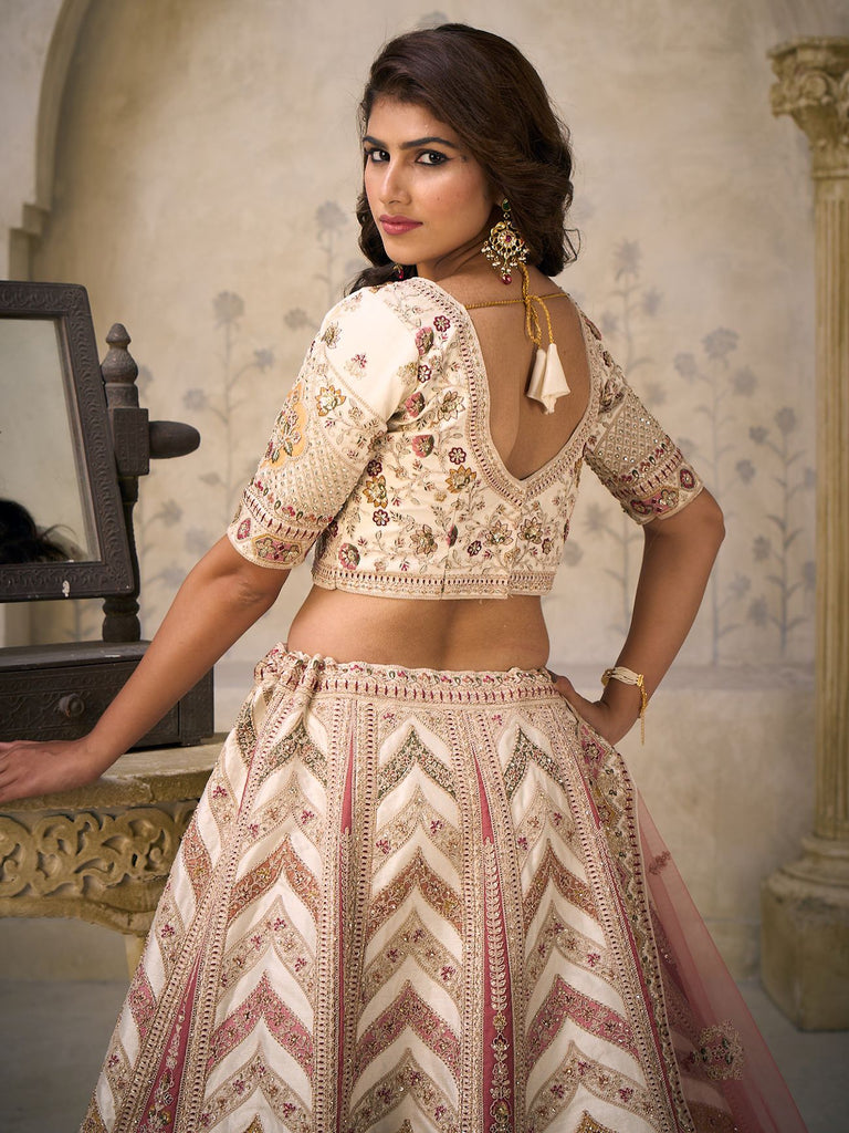 Precious Cream Embroidered Silk Bridesmaid Lehenga Choli With Dupatta