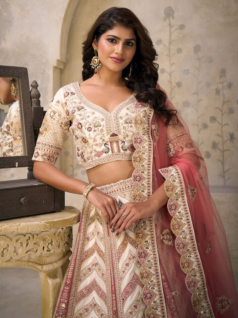 Precious Cream Embroidered Silk Bridesmaid Lehenga Choli With Dupatta