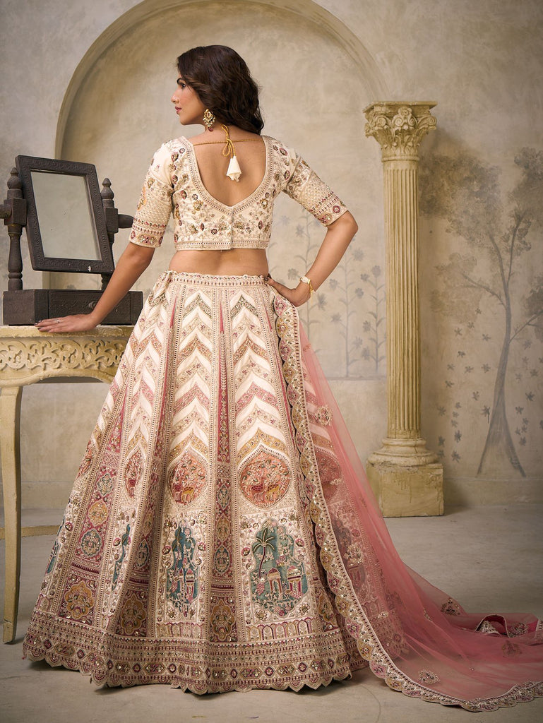 Precious Cream Embroidered Silk Bridesmaid Lehenga Choli With Dupatta