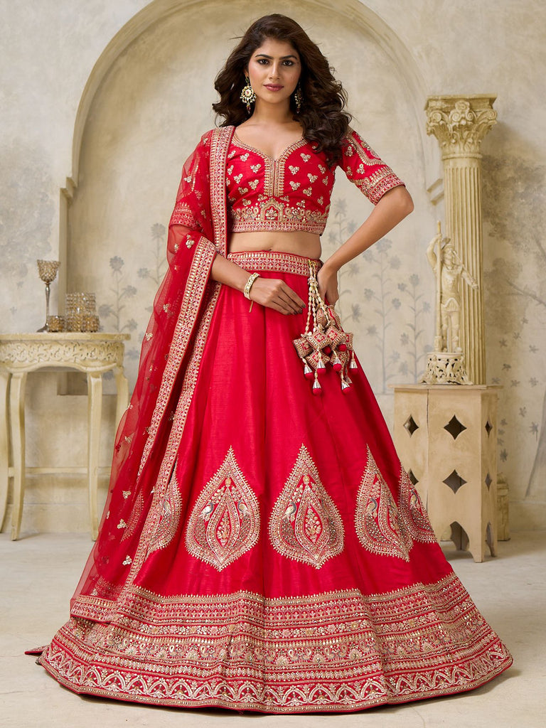 Mesmerizing Red Zari Embroidered Silk Wedding Wear Lehenga Choli