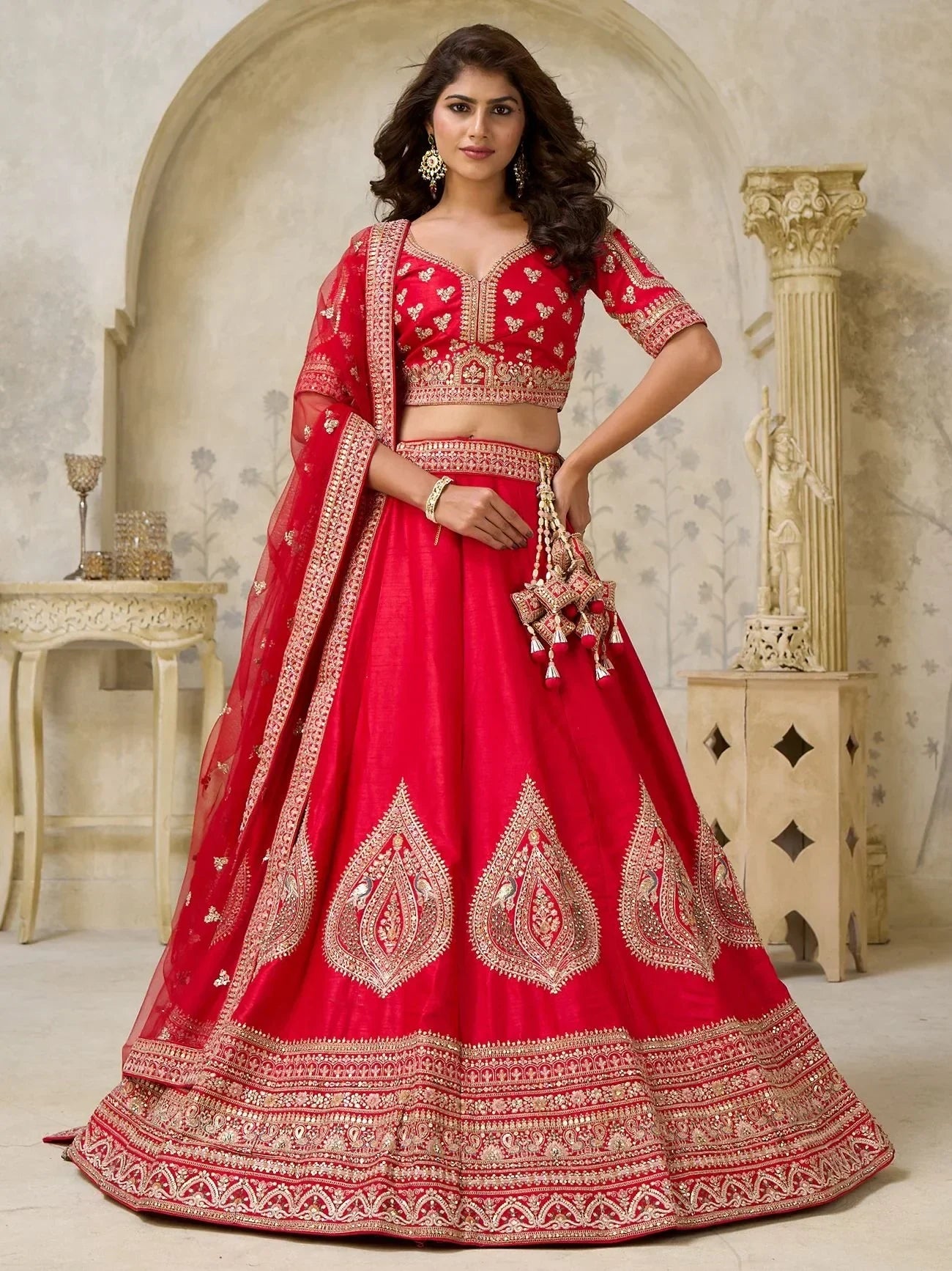 Mesmerizing Red Zari Embroidered Silk Wedding Wear Lehenga Choli
