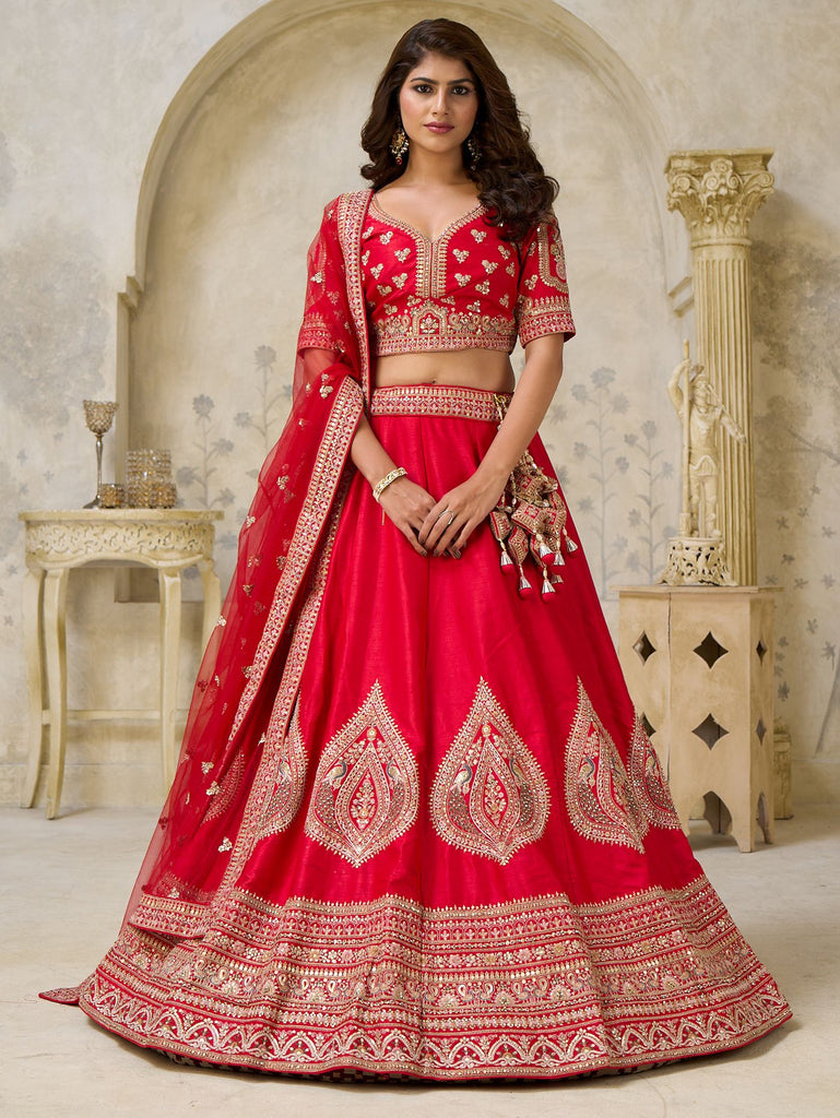 Mesmerizing Red Zari Embroidered Silk Wedding Wear Lehenga Choli