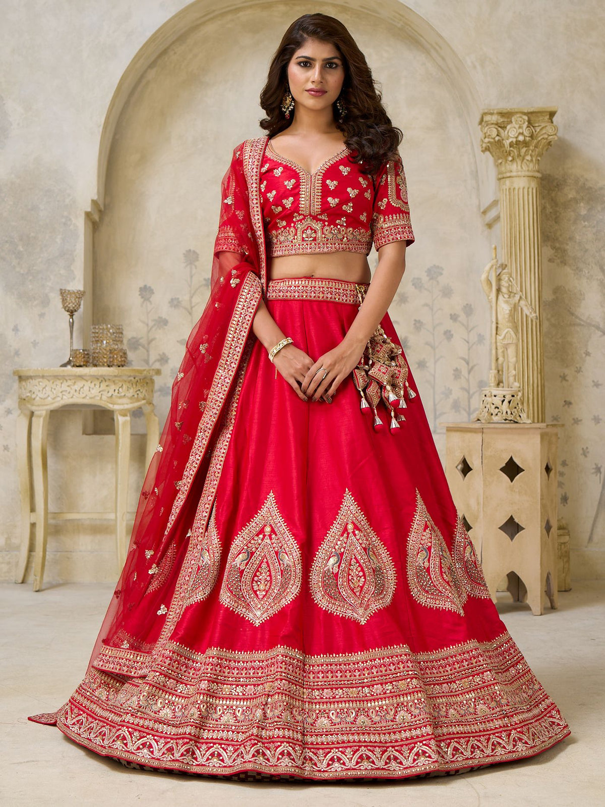 Mesmerizing Red Zari Embroidered Silk Wedding Wear Lehenga Choli