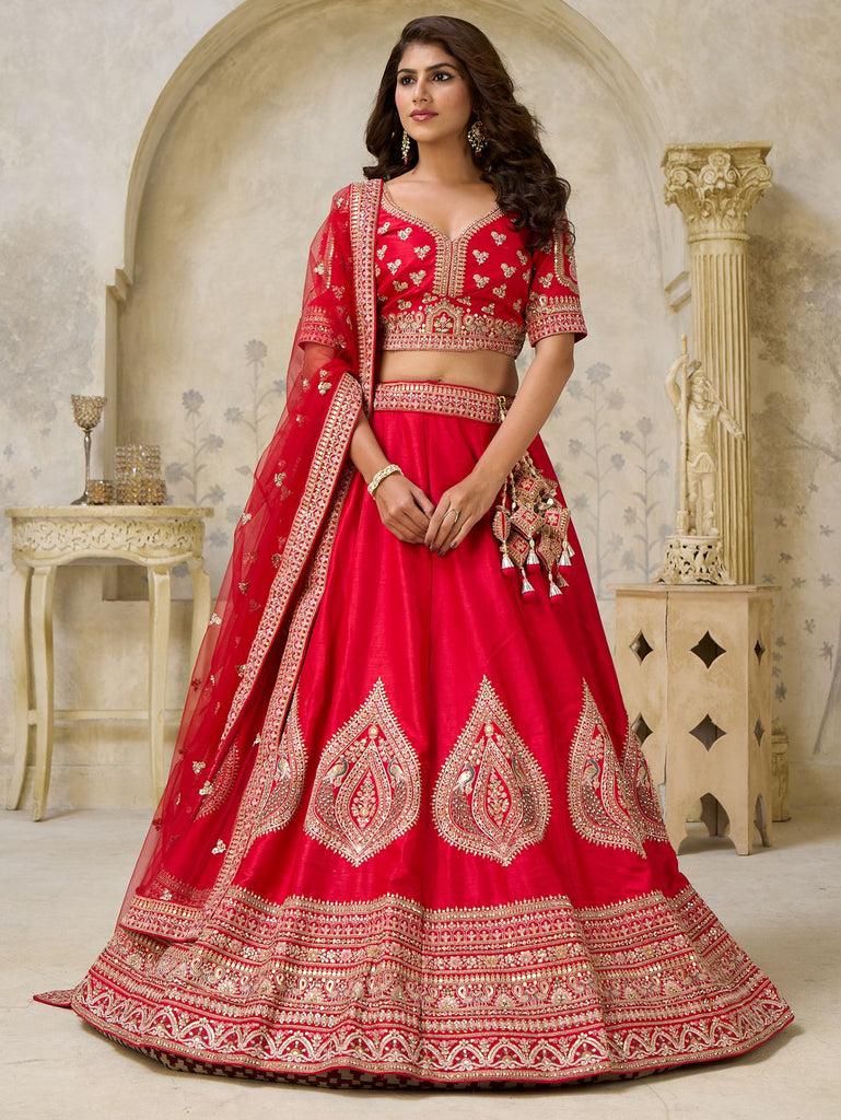Mesmerizing Red Zari Embroidered Silk Wedding Wear Lehenga Choli
