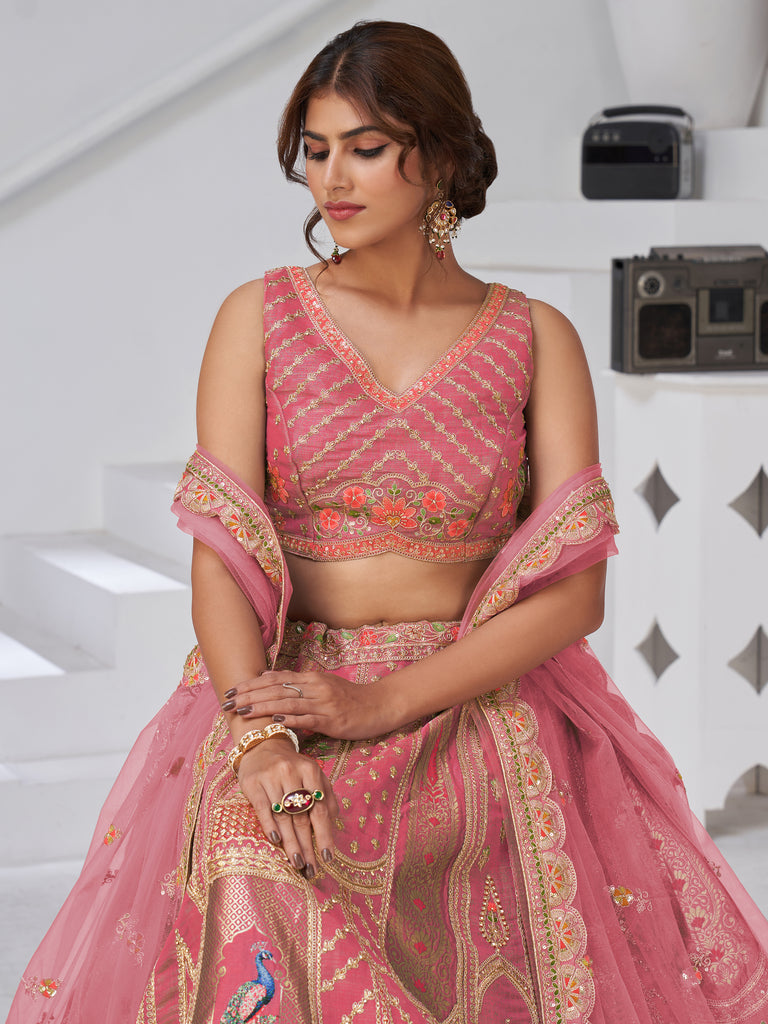 Dazzling Pink Zari Embroidered Banarasi Silk Bridesmaid Lehenga Choli