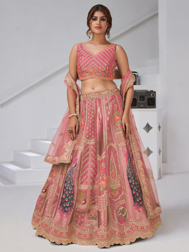 Dazzling Pink Zari Embroidered Banarasi Silk Bridesmaid Lehenga Choli