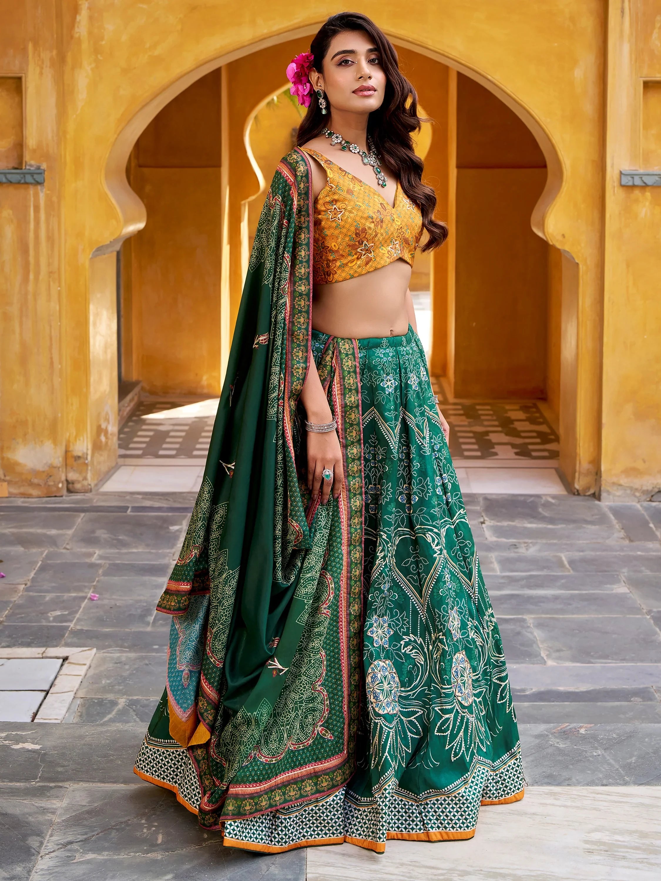 Wonderful Bottle Green Bead Work Silk Festival Wear Lehenga Choli