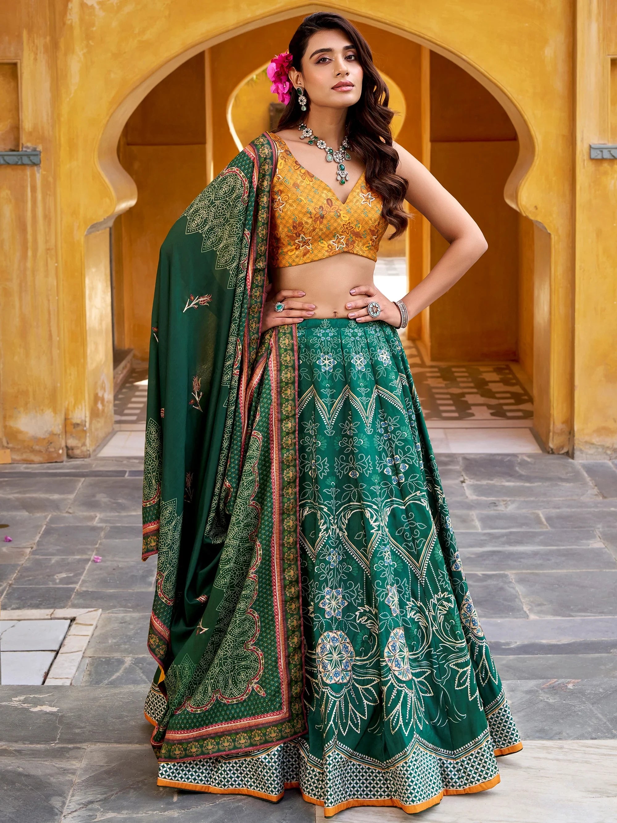Wonderful Bottle Green Bead Work Silk Festival Wear Lehenga Choli