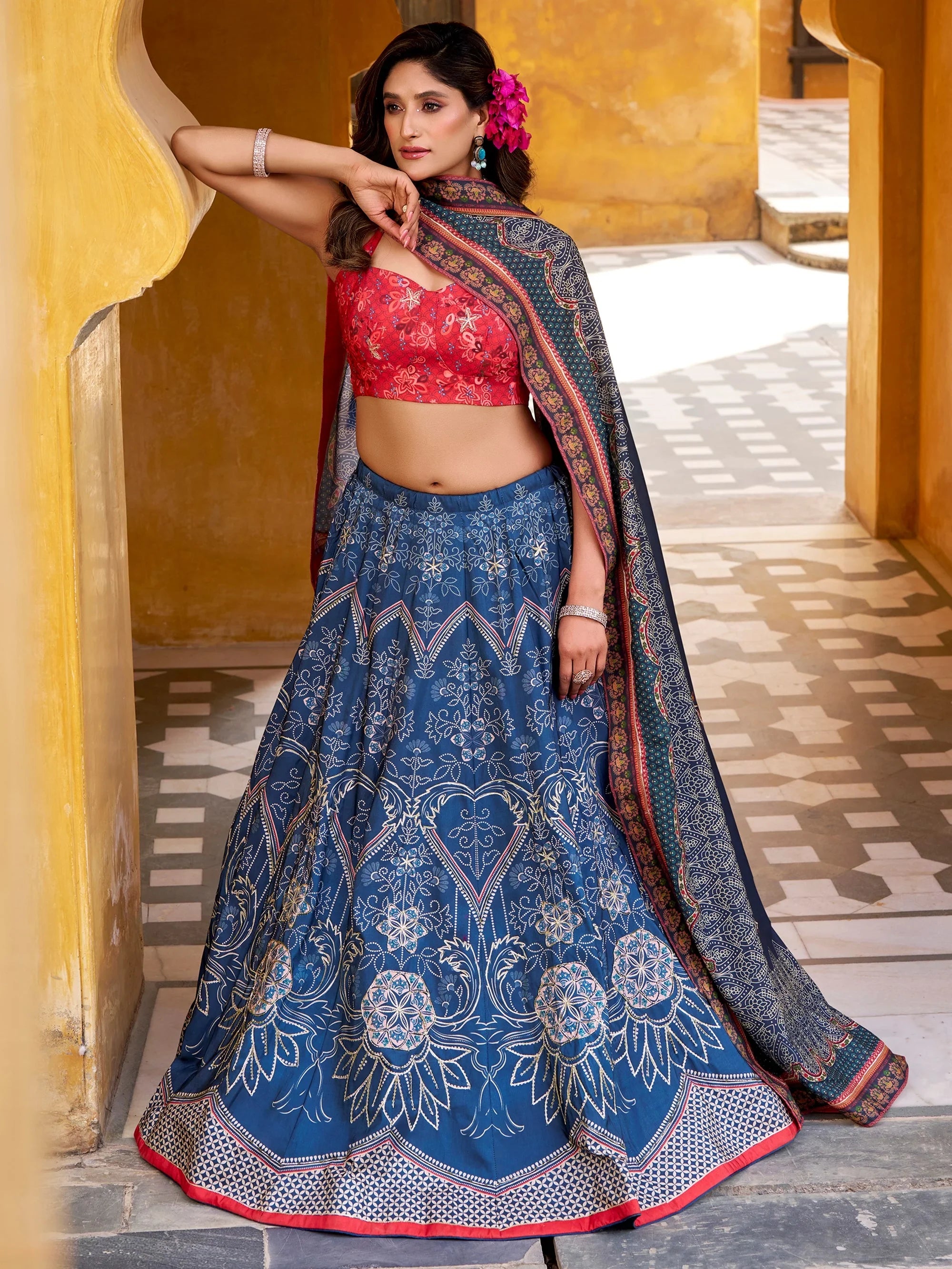 Sparkling Blue Digital Printed Silk Lehenga Choli With Dupatta