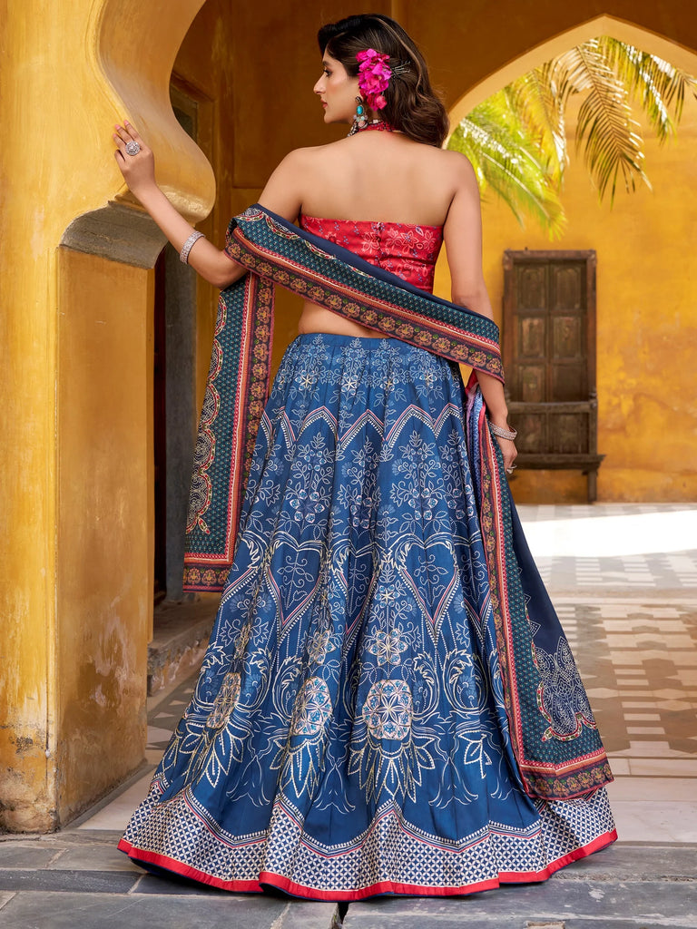 Sparkling Blue Digital Printed Silk Lehenga Choli With Dupatta