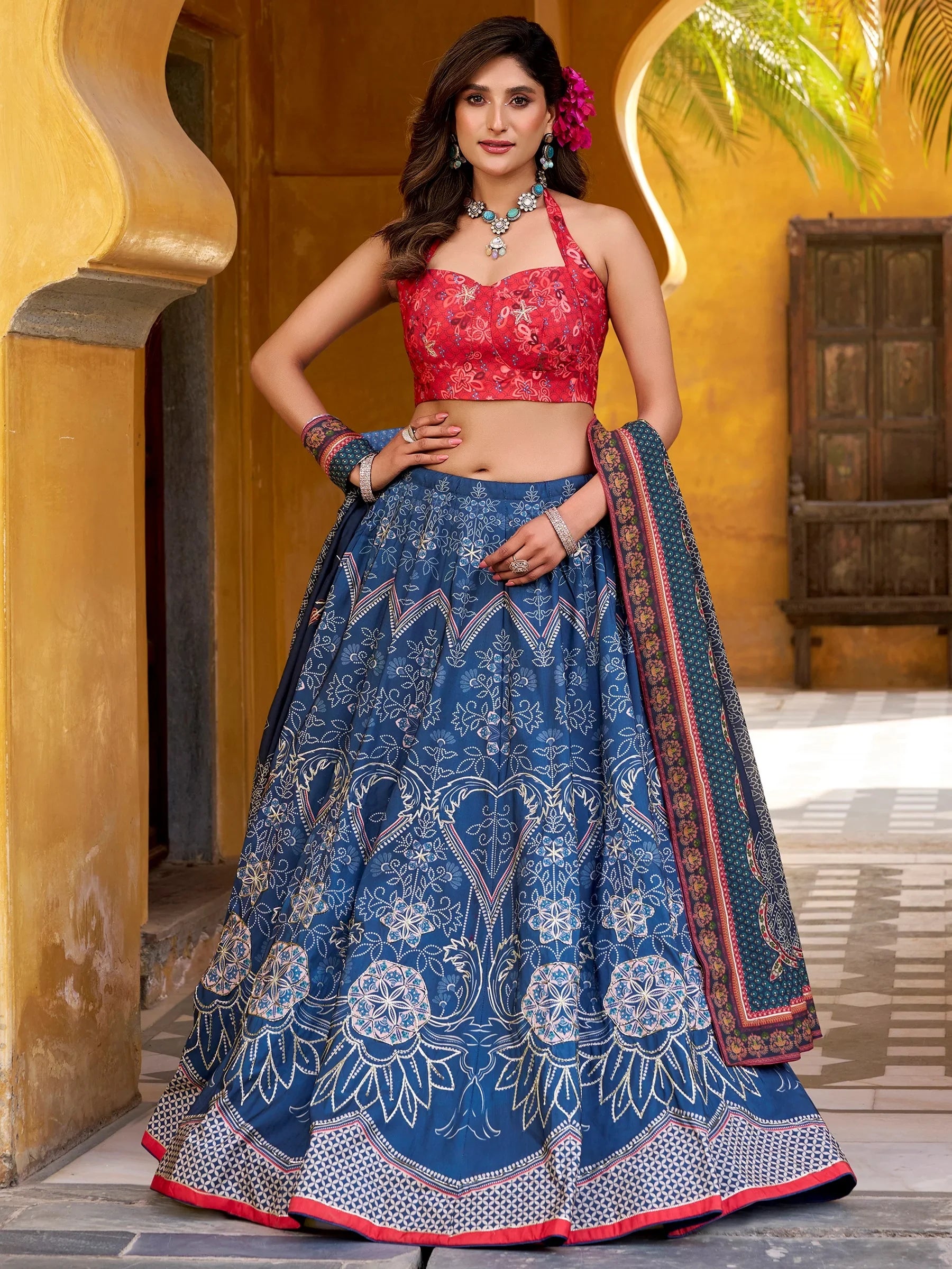 Sparkling Blue Digital Printed Silk Lehenga Choli With Dupatta